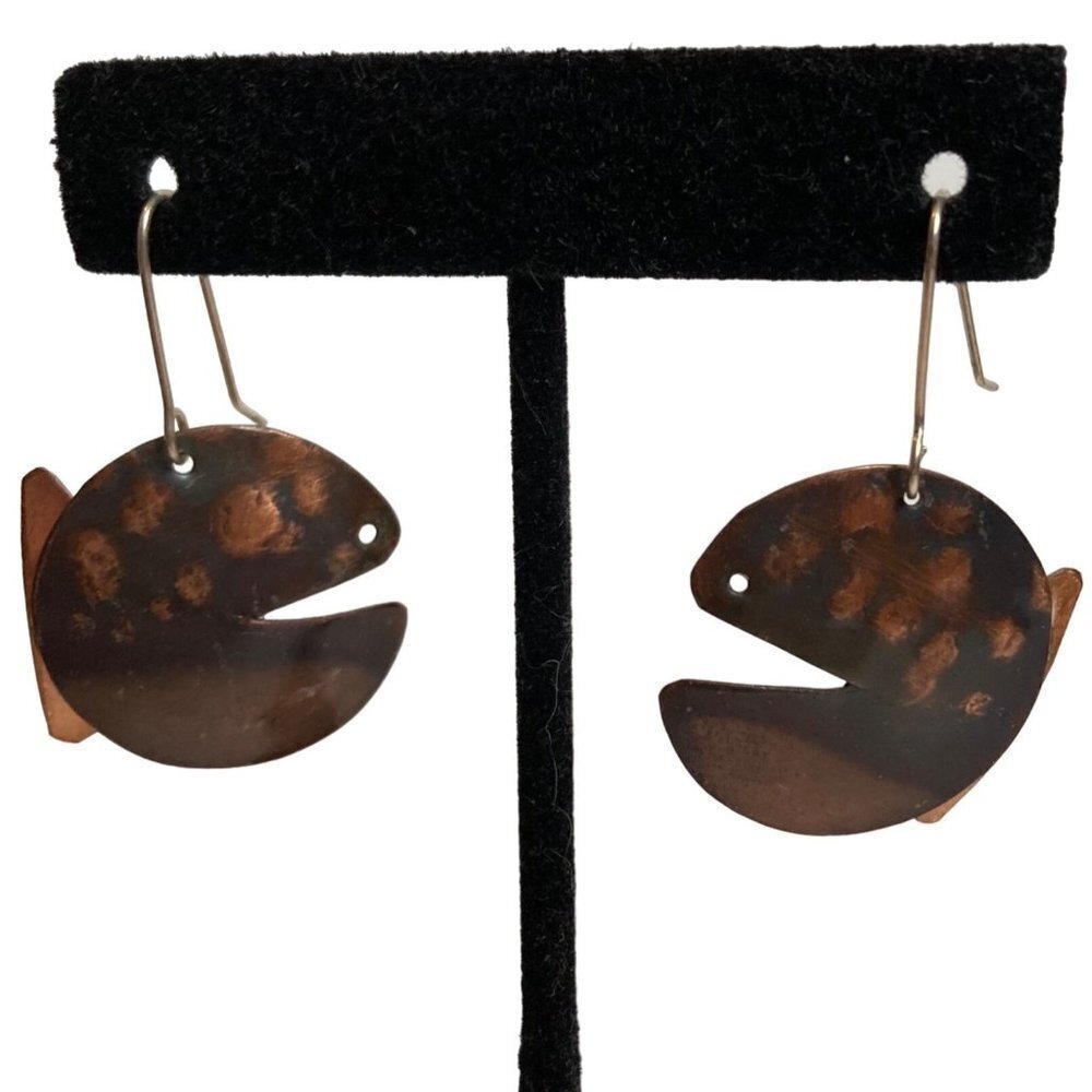 Copper Dangle Fish Earrings Stylized Artisan Round Puffer Nom Nom